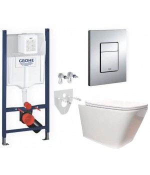 Комплект 5в1: інсталяція Grohe + безобідковий підвісний квадратний унітаз, білий + клавіша хром глянцева