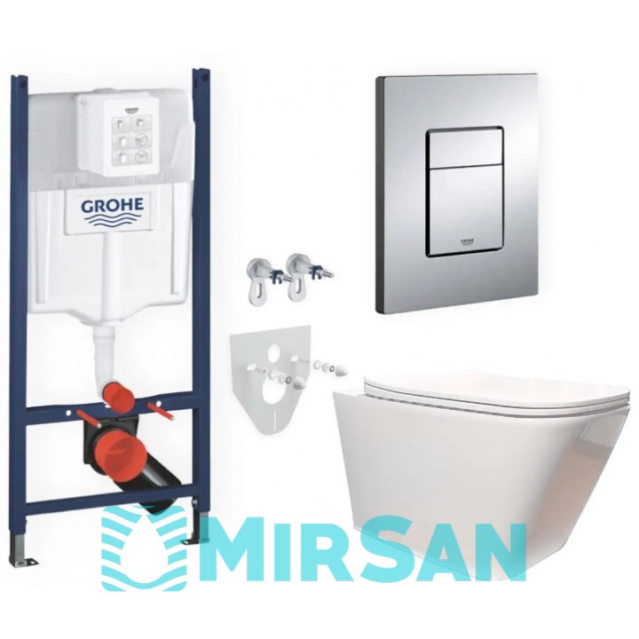 Комплект 5в1: інсталяція Grohe + безобідковий підвісний квадратний унітаз, білий + клавіша хром глянцева